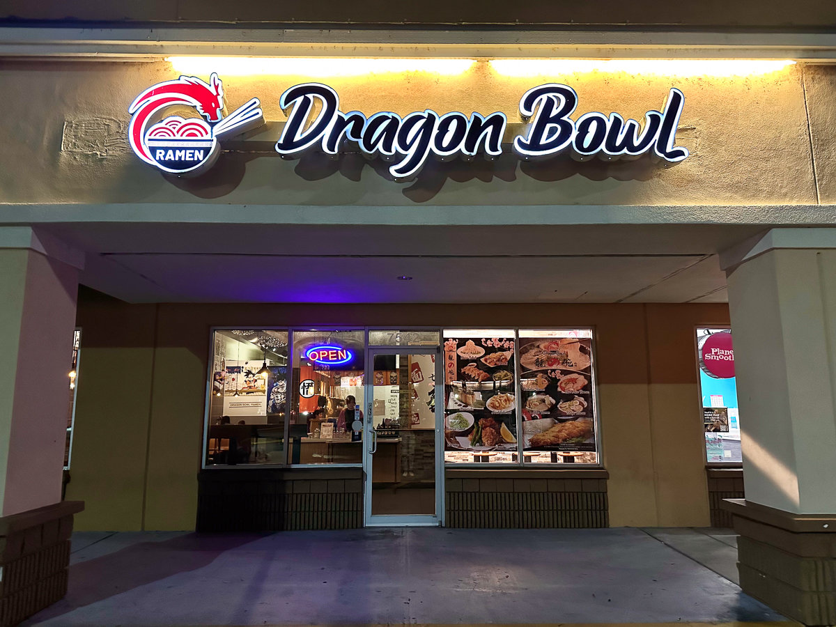 front of building with dragon bowl ramen sign